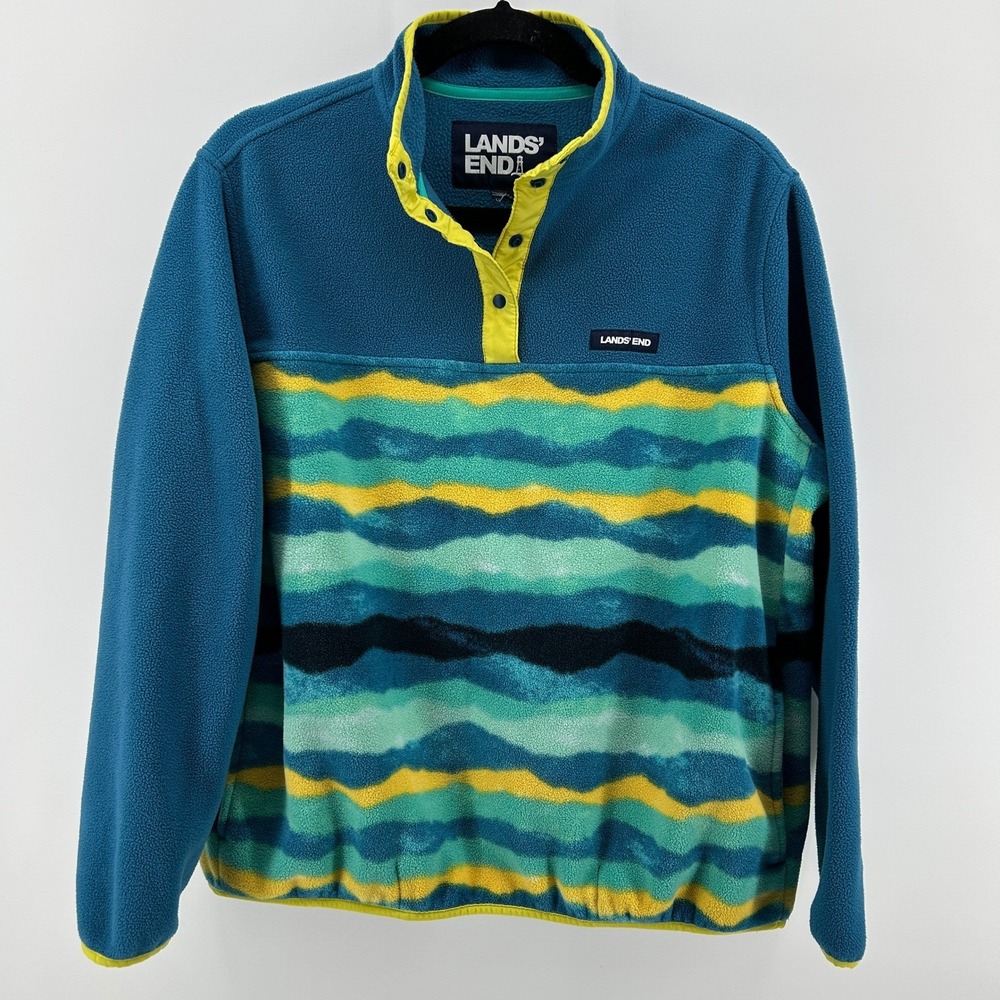 Lands End Teal Wave Snap Neck Fleece Pullover Jacket L Gorpcore Colorful Fall